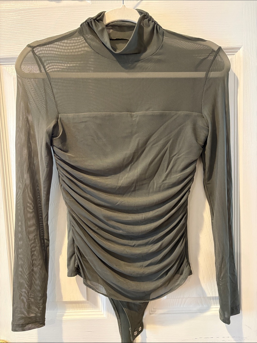 Sheer Ruched Mock Neck Bodysuit - Olive Green